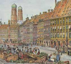 Samuel Prout, München, Marienplatz mit den Türmen der Frauenkirche im Hintergrund, 1830.